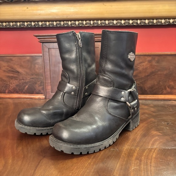 Harley-Davidson Shoes - Harley Davidson Women's Black Leather Harness Boots Size 7 Moto Biker Zip